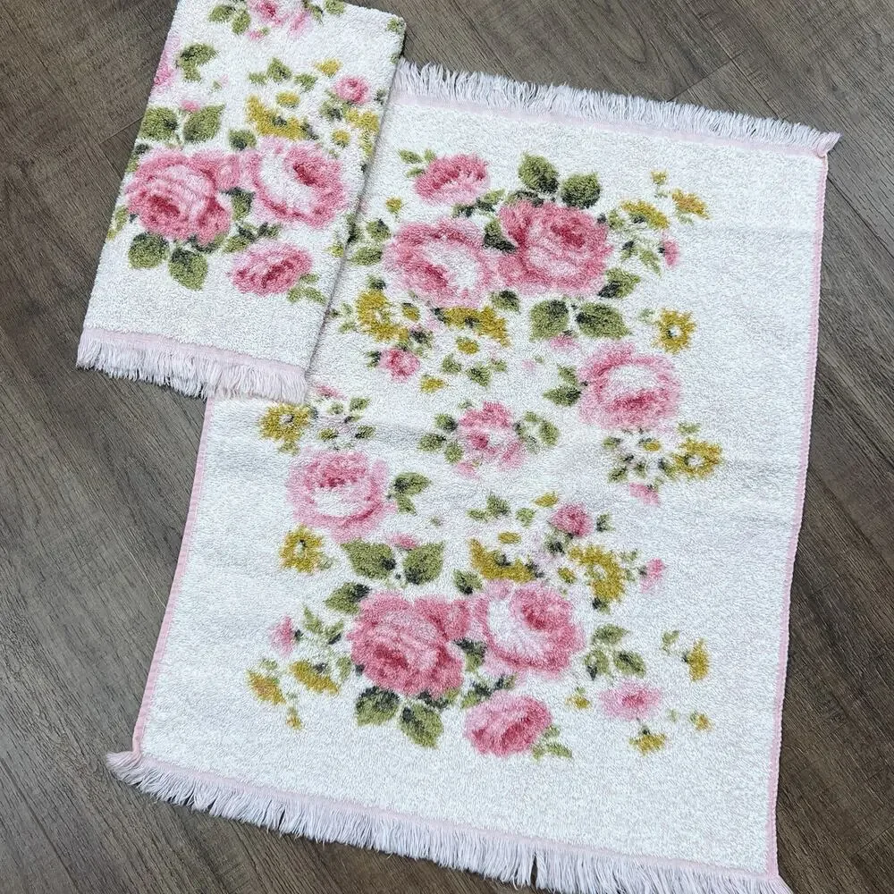 Set 2 Vtg st Marys Pink Green Floral Rose Bath Hand Towels Fringe Cotton 18x24